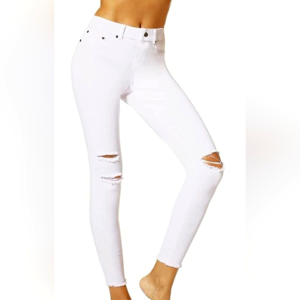 Size L WOMENS RIPPED KNEE WHITE leggings. 98% Cotton 2% Spandex